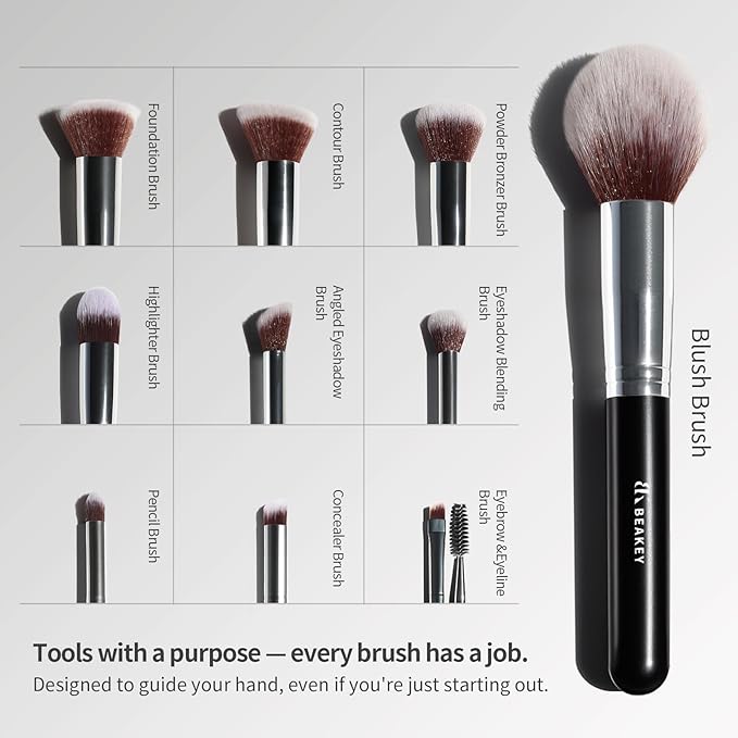 BEAKEY Makeup Brushes Set Premium Foundation Concealer Blush Bronzer Eye Shadow 10+2 PCS Brushes & Blender Sponges with Portable Makeup Bag
