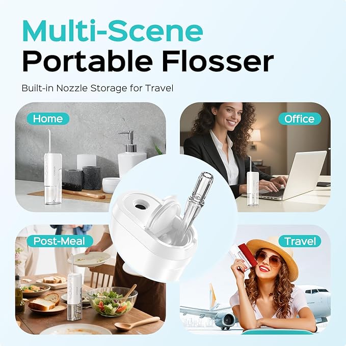 COSLUS Mini Water Flosser for Travel: Portable Compact Design, Cordless Oral Irrigator with 4 Jet Tips Storable, IPX7 Waterproof for Braces, Orthodontic, Sensitive Gums Outing & Home, White, T40