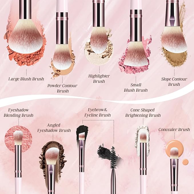 Makeup Brush Set, Premium Synthetic 10 PCS Makeup Brushes, Travel Makeup Brush Set with Soft Hairs, Makeup Brushes Set Professional for Blush, Eyeliner, Eyeshadow, Concealer, and Foundation (Pink)