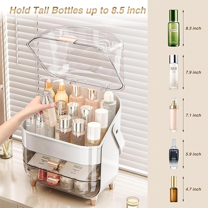 Cosmetics Organizer Set - Makeup Box with with Brush Holder, Skin Care Storage Organizer with Transparent Drawers and Cover, Portable Handle, Dust Proof Makeup Organizer for Vanity, White & Gold