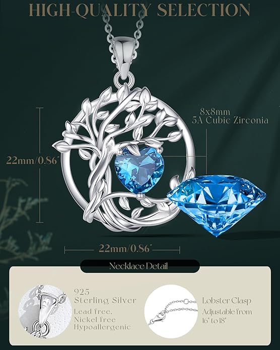 FANCIME Tree of life Birthstone necklace Sterling Silver Pendant Birthstone Necklace Gemstone Anniversary Birthday Jewelry Christmas Gifts for Mom Her Wife