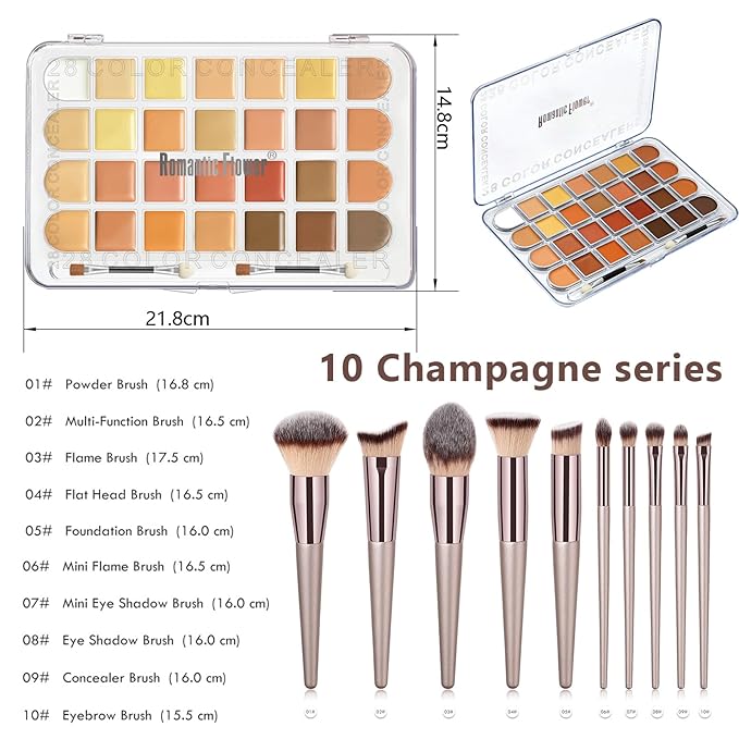 Professional 28 Colors Cream Concealer Camouflage Makeup Palette Contouring Kit, 10 Makeup Brushes, Face Eye Body Cosmetic Foundation, Contour, Repairs Redness, Dull, Dark Circles