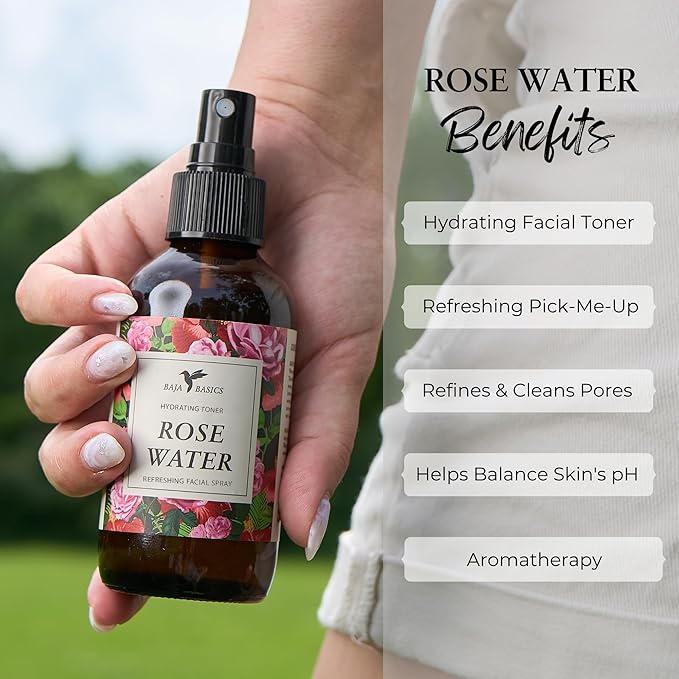 Rose Water Spray for Face by Baja Basics - Pure, Organic Facial Toner for Hair and Aromatherapy Large 4 oz