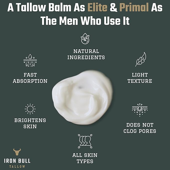Iron Bull Beef Tallow Face Moisturizer for Men. Anti-Aging With Hyaluronic Acid for Wrinkles. Grass-Fed Beef Tallow Skin Balm & Jojoba Oil for All Skin Types. Natural Formula With a Clean Scent - 2 oz