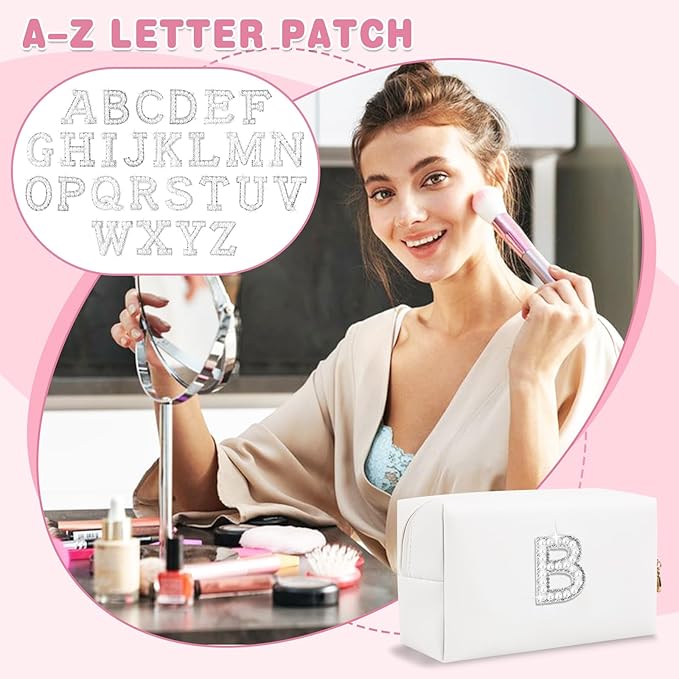 Bride Gifts – Personalized Initial Makeup Bag with Pearl Rhinestone Patch, Preppy White Monogram Cosmetic/Toiletry Pouch, bridesmaid Gifts, Bridal Shower Gifts, Wedding Gifts, Bridal Gifts,B