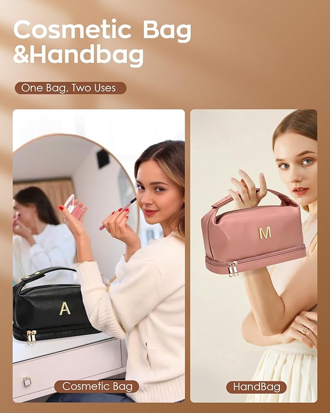 Daughter Gifts, Personalized Makeup Bag with Handle, Initial Double Layer Cosmetic Bag with Makeup Brush Organizer, PU Leather Travel Toiletry Bag, Gifts for Friends Female Mom