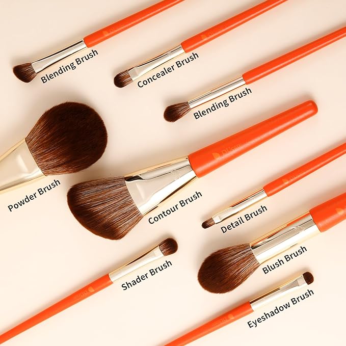 DUcare Makeup Brushes 9Pcs Vegan Makeup Brush Set with Travel Pouch - Face & Eye Brush Kit for Powder Contour Blush Concealer Eyeshadow Blending & Detailing, Synthetic Bristles,Orange