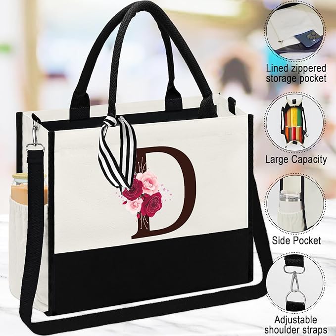 Birthday Gifts for Women,Initial Canvas Tote Bag,Monogrammed Gift for Women,16oz Initial Glass Cup,Makeup Bag with Zipper,Jewelry Organizer Box,Personalized Gifts for Mom-D