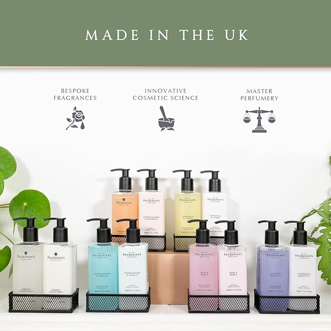 Pecksniff's Handwash Soap and Lotion Set, Stress Reducing, Aromotherapy Cleanser That Leaves Hands Soft and Lightly Scented (Lavender and White Tea, Black Caddy)