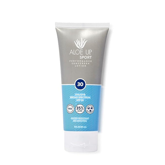 Aloe Up Sport Sunscreen Lotion SPF 30 - Broad Spectrum UVA/UVB Sunscreen Protector for Face and Body - With Hydrating Aloe Vera Gel - Non-Greasy - No White Cast - Reef Safe - Fragrance-Free - 3 Oz.