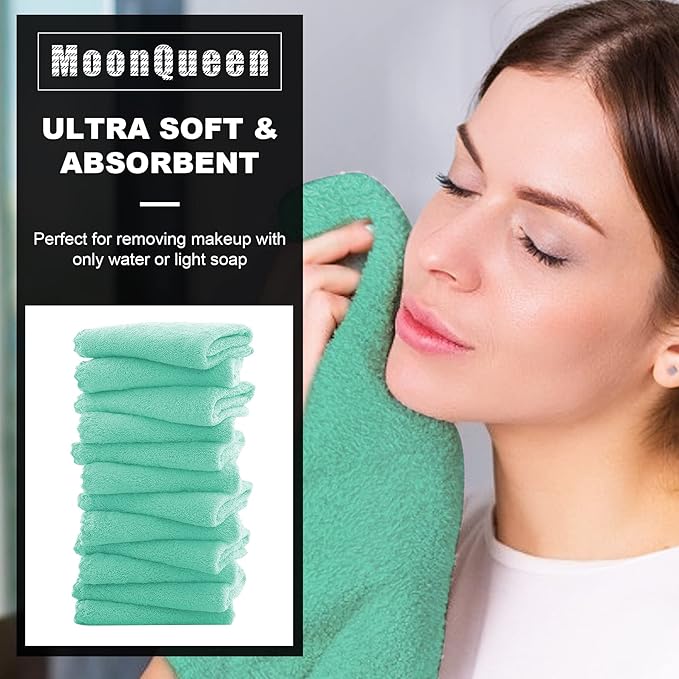 MOONQUEEN Microfiber Facial Cloths Fast Drying Washcloth 12 Pack - Premium Soft Makeup Remover Cloths - Aqua Green