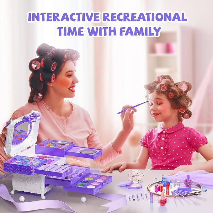 Kids Makeup Sets for Girls, 66pcs Real Cosmetic for Kids Toys with Mirror, Princess Washable Girls Makeup Kit, Non-Toxic & Safe Brithday Gifts for 3 4 5 6 7 8 10 - 12 Years Old（Light Purple）