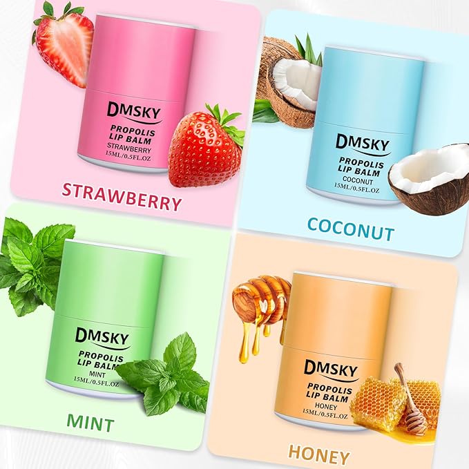 DMSKY 4 Pack Lip Sleeping Mask Set, Lip Butter with Propolis and Vitamin E, Lip Balm for Dry Lips, Reduce Lip Lines and Improve Lip Color