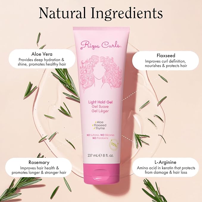 Rizos Curls Travel Light Hold Gel, Defines with Flexible Hold, Flake-Free and Frizz-Free Voluminous Curls, Moisturize and Combat Humidity with Aloe Vera & Flaxseed, 2.5 oz
