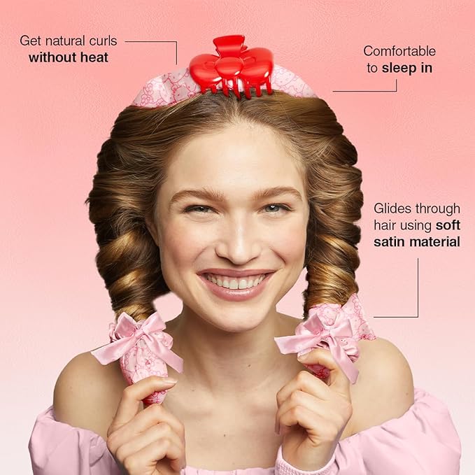Hello Kitty x Kitsch XL Satin Heatless Curling Set- Heatless Hair Curler To Sleep In for Frizz-Free & Soft Curls, Comes with Bow Shape Design Hair Claw and Satin Scrunchies, Gifts for Women, 4pc Set