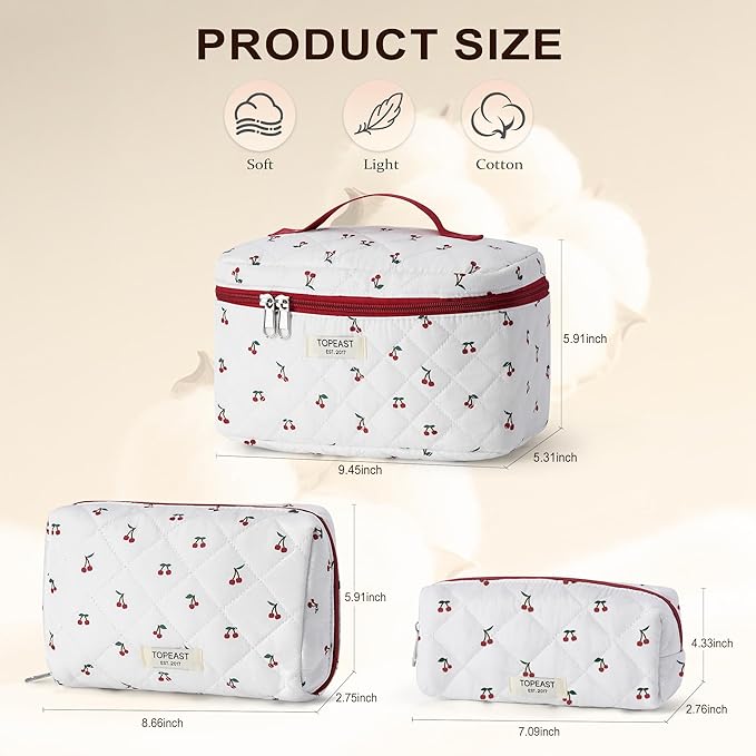 TOPEAST Travel Makeup Bag for Women Girl, 3Pcs Large Cotton Quilted Make up Brush Bags, Portable Cute Cosmetic Bag Sets with Zipper, Machine Washable Toiletry Pouch, Cherry