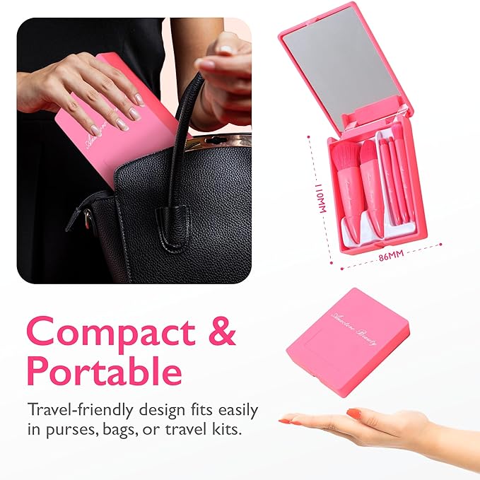 Travel Makeup Brushes Set, Easy Taken 5pcs Mini Makeup Brushes Kit with mirror, ON-THE-GO, Makeup Set for Beauty Blender, Get Glam On-the-Go! strawberry