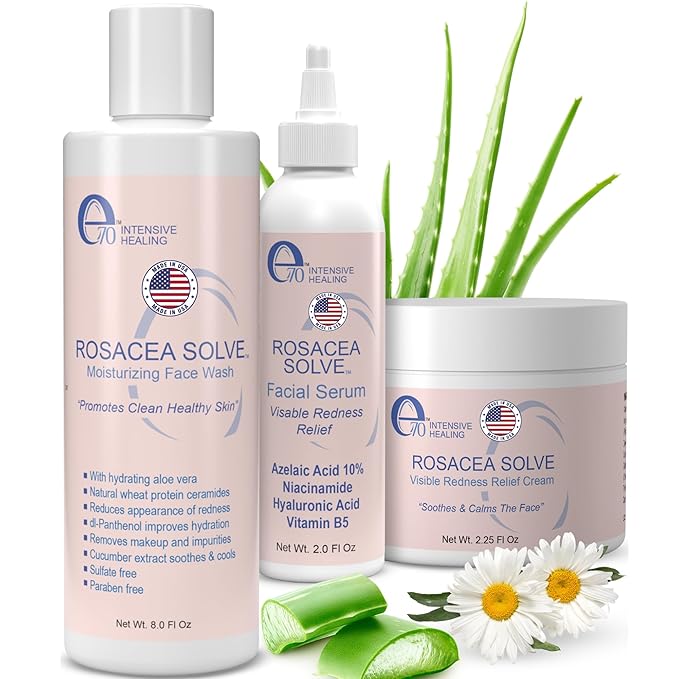 Rosacea Treatment Skincare for Women & Men - Face Wash, Rosacea Cream & Face Serum, Moisturizer Redness Reducing Skin Care with Aloe Vera, Hyaluronic Acid & Fruit Extracts, Made in USA by e70