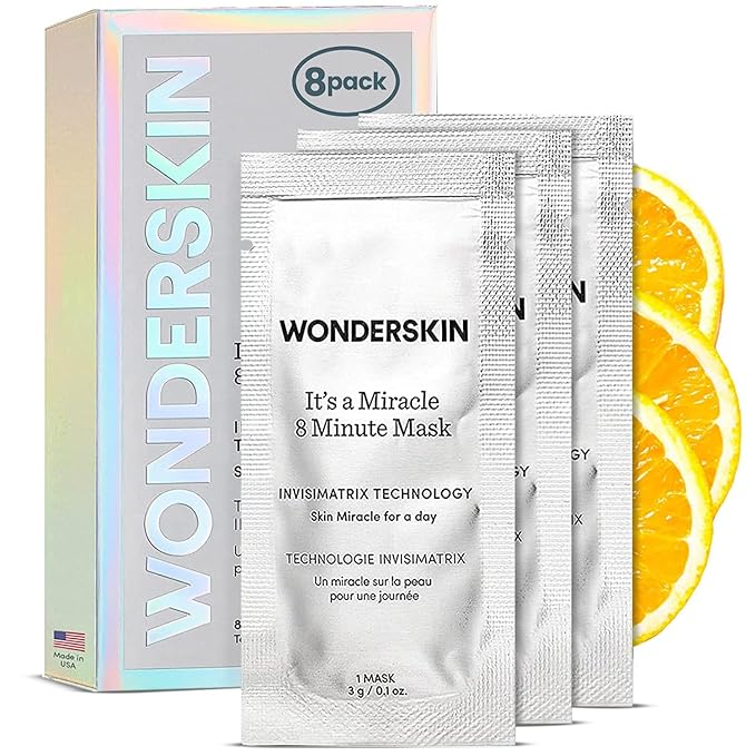 Wonderskin 8 Minute Mask, Hydrating and Anti Aging Face Mask Packed with Vitamin C and Niacinamide, Moisturizing Face Masks Pack of 8