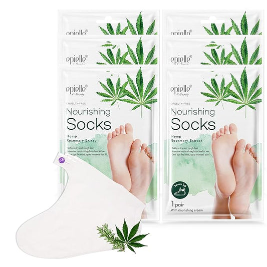 Epielle Nourishing Foot Masks 6 Pairs, Deep Moisturizing Socks for Dry Feet & Cracked Heels, Repair and Nourish with Hemp & Rosemary Extract, Foot Spa & Self Care Gifts for Women, Korean Skin Care