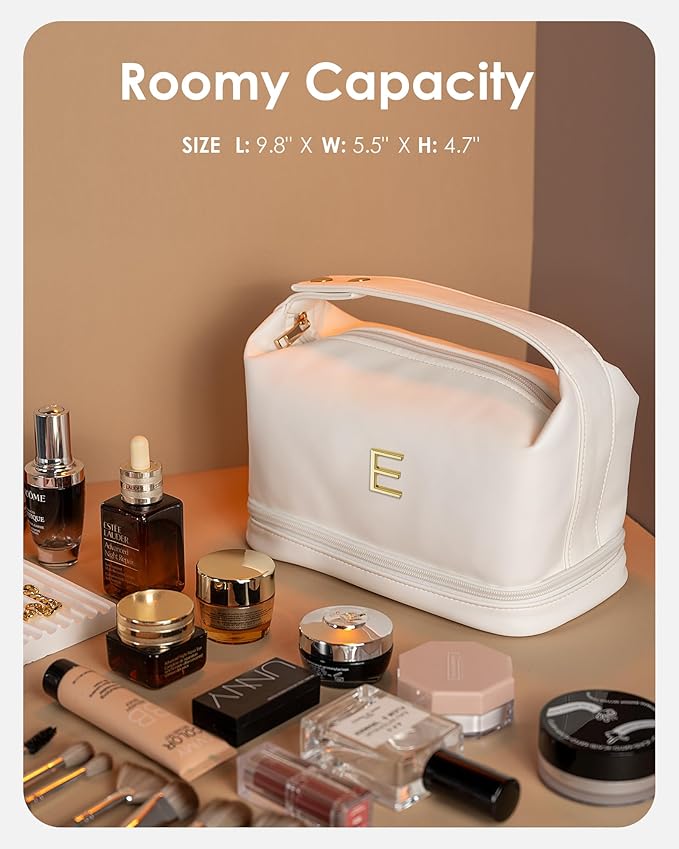 Makeup Bag with Handle, Waterproof Double Layer Cosmetic Bag, Large Capacity PU Leather Makeup Bags Letter Travel Toiletry Bag with Makeup Brush Organizer