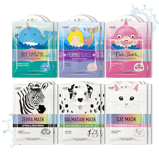 Epielle Animal Character Sheet Masks 12 Pack, Moisturizing & Rejuvenating Face Mask with Hyaluronic Acid & Vitamin E, Korean Skin Care, Girls Spa Party Favors, Sleepover, Self Care Gifts for Women