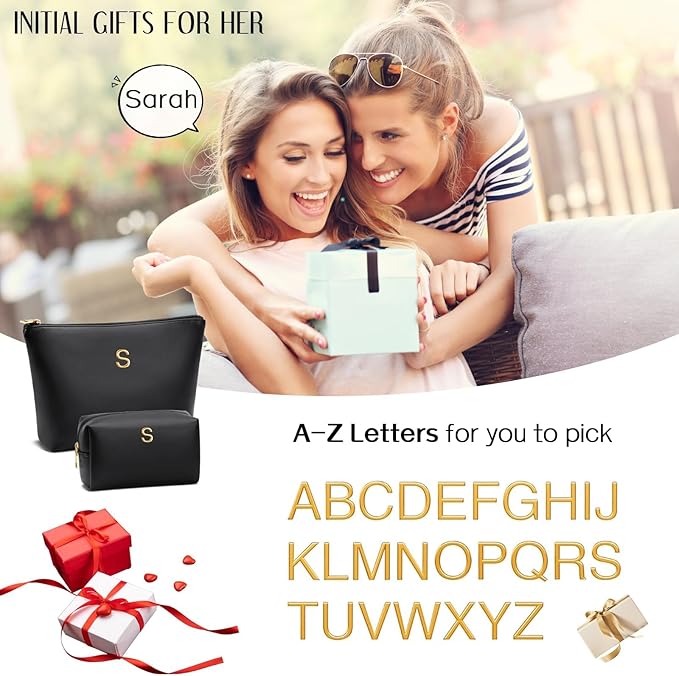 Women Gifts | Initial Makeup Bag Set for Girl Personalized Gifts for Bridesmaid Friend Graduation Teachers PU Leather Cosmetic Travel Toiletry Bag(Black,P)