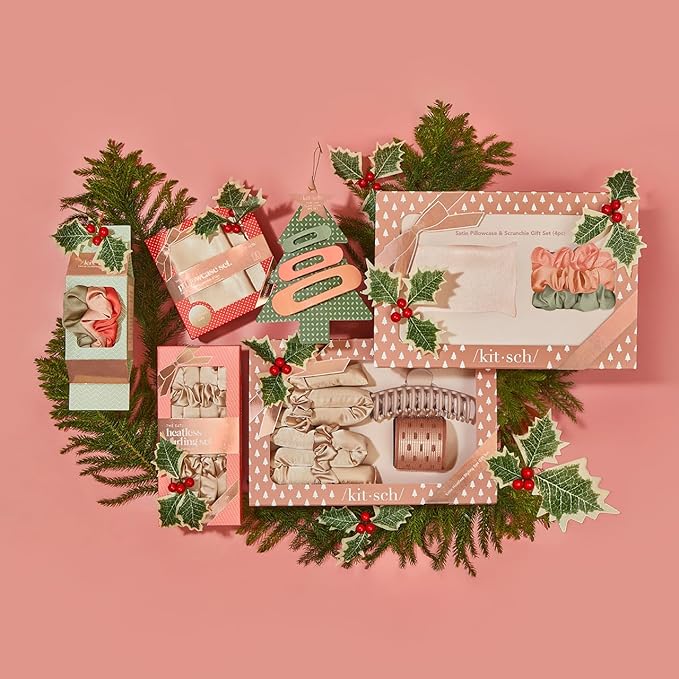 Kitsch Satin Heatless Hair Curler Styling 5pc Gift Set - Satin Heatless Hair Curler w/ 2 Scrunchies, Ceramic Thermal Roller & Claw Clip, Gifts for Women, Hair Roller Styling & Accessories- Champagne