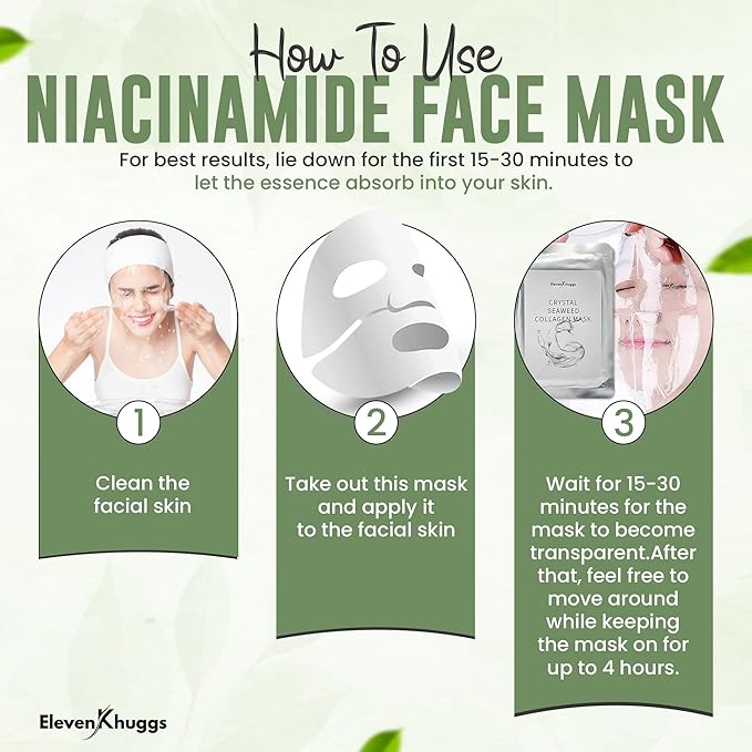 Crystal Seaweed Bio-Collagen Korean Glass Skin Care with Niacinamide Face Sheet Mask Pack of 5 for Deep Hydration and Revitalization