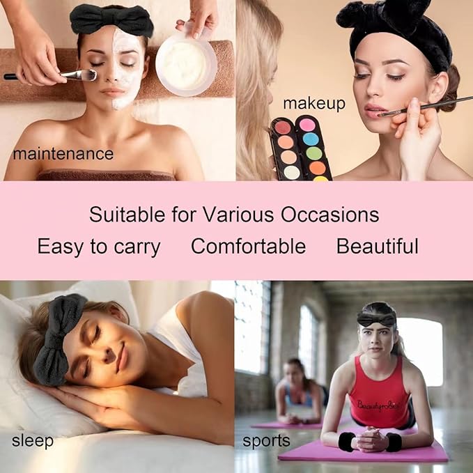 Makeup headband,spa Headband and Wristband Set,bubble Skincare Headbands with Wristbands and Hair Scrunchies Set for Skin Care Makeup Removal Shower (Black-6pcs)