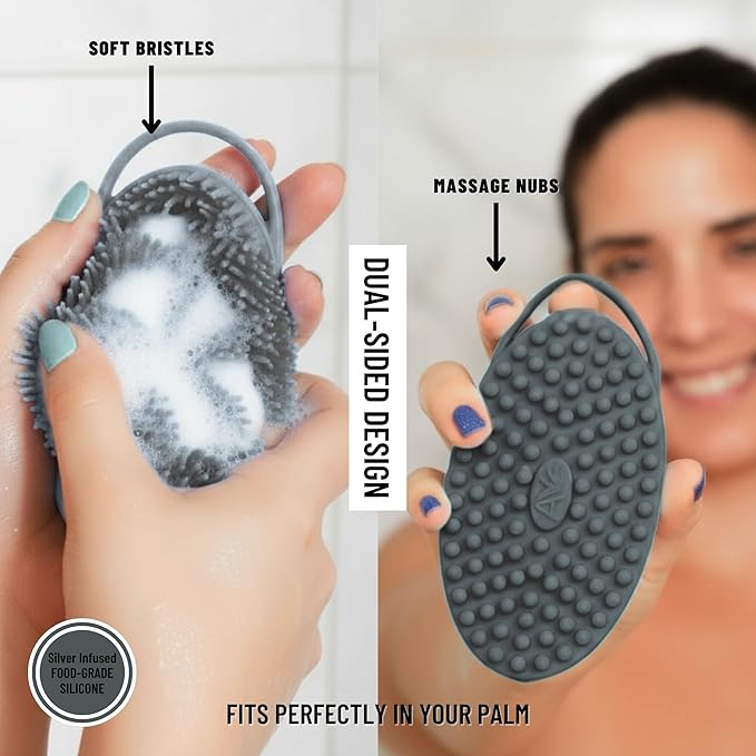 Silver Infused Silicone Body Scrubber Shower - Gentle Back Scrubber Soft Bristles - Avilana Premium Dual Sided Bath Brush Massage - Advanced Material Loofah Alternative - Gift Women Men