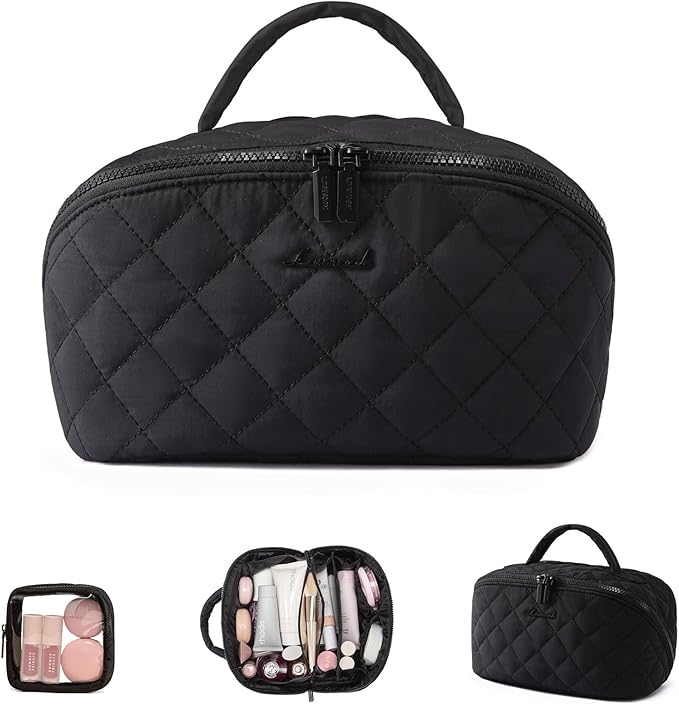 LOVEVOOK Travel Makeup Bag for Women, 2Pcs Set Puffer Waterproof Cosmetic Organizer, Large Capacity Pouch Open Flat Toiletry Bag with Divider & Handle, Portable Gift for Her, Black