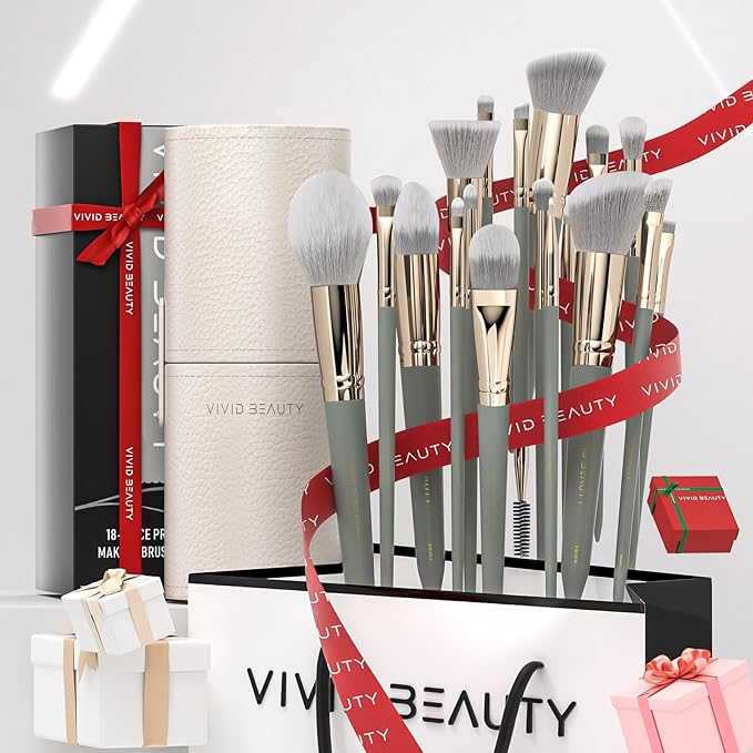 Makeup Brush Set, 18 Pcs Make up Brushes for Face and Eye with Travel Case – Natural Wood Handles – Unique Pointed Design, Makeup Brushes for Professional & Beginner Makeup Lovers (Gray)