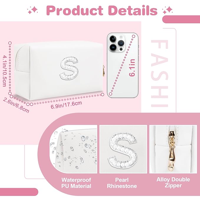 Bride Gifts – Personalized Initial Makeup Bag with Pearl Rhinestone Patch, Preppy White Monogram Cosmetic/Toiletry Pouch, bridesmaid Gifts, Bridal Shower Gifts, Wedding Gifts, Bridal Gifts,S