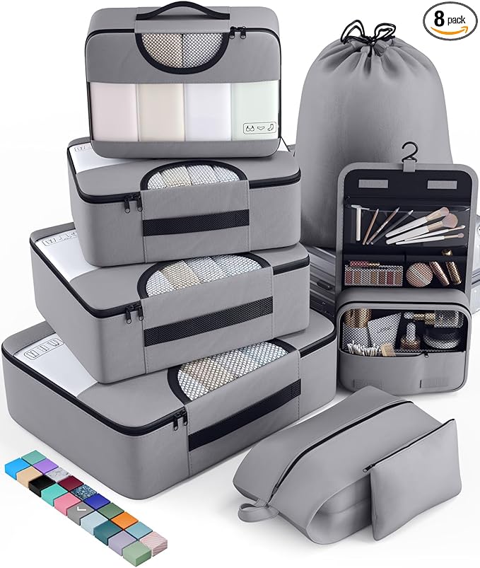 Veken 8 Set Packing Cubes for Travel Essentials, Suitcase Organizer Bags in 4 Sizes, Carry-On Luggage Accessories with Large Laundry & Hanging Toiletry Bag, Must-Have for Airplane, Road Trip & Camping