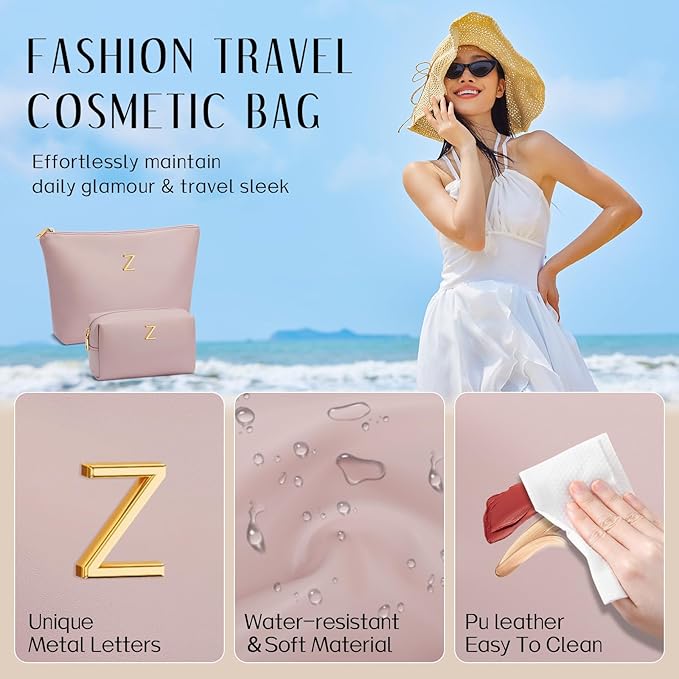 Women Gifts | Initial Makeup Bag Set for Girl Personalized Gifts for Bridesmaid Friend Graduation Teachers PU Leather Cosmetic Travel Toiletry Bag(Pink,Z)