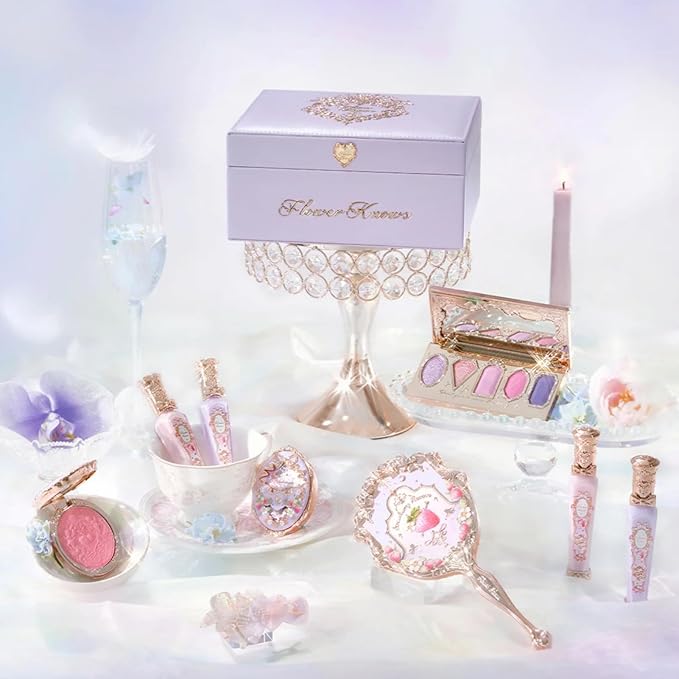 Flower Knows Violet Strawberry Rococo Makeup Box Set,8 Pack Makeup Box with Mirror,Lip Gloss×2+Blush×2+Blush Brush×1+Wisteria Purple Handheld mirror×1+Hair Clip×1+Gift Box×1