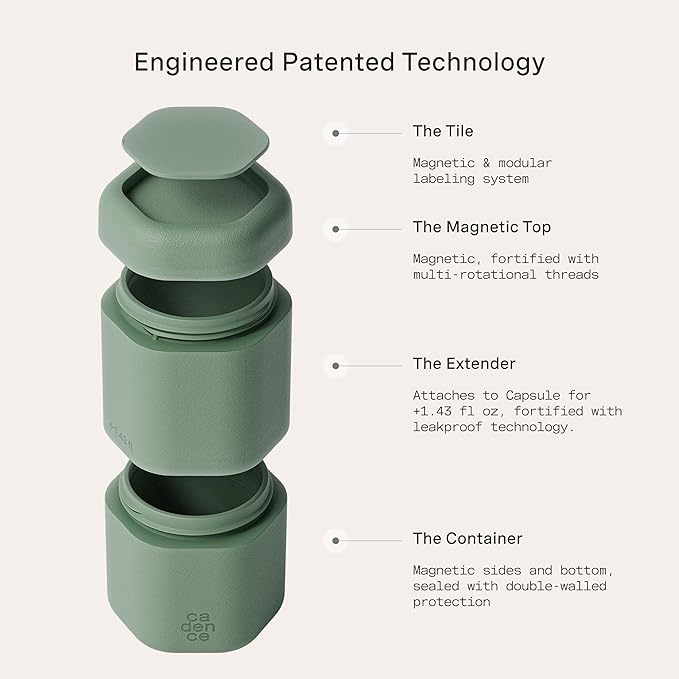 Cadence Travel Containers - Full Skincare Set - Magnetic Containers with Lids,Carry On Travel Essentials For Women/Men - 2 Small (0.56oz), 4 Medium Capsules (1.32oz), & Extender (1.43oz) - Evergreen