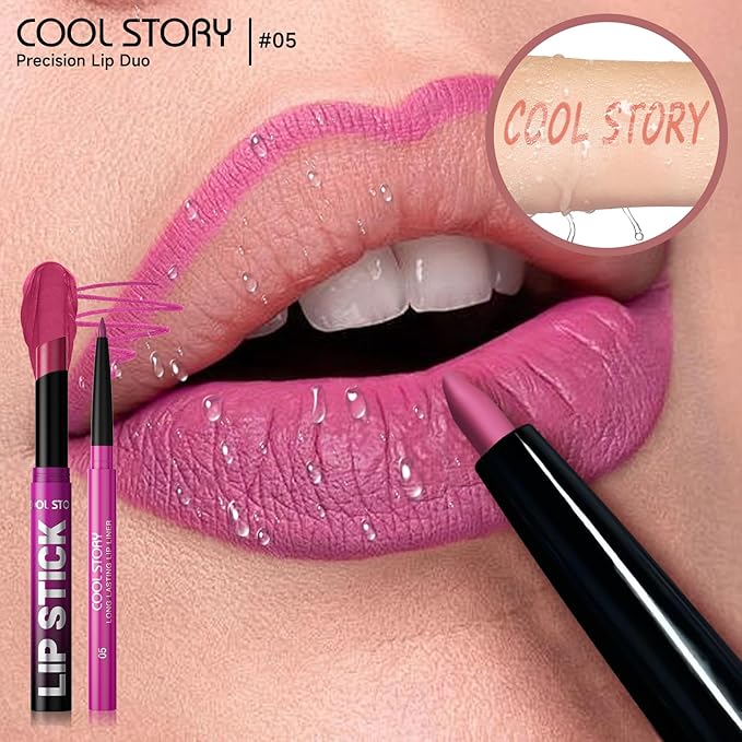 COOL STORY 2 Piece Lip Liner and Lipstick Set, Long Lasting Formula, Professional Makeup Kit (05)
