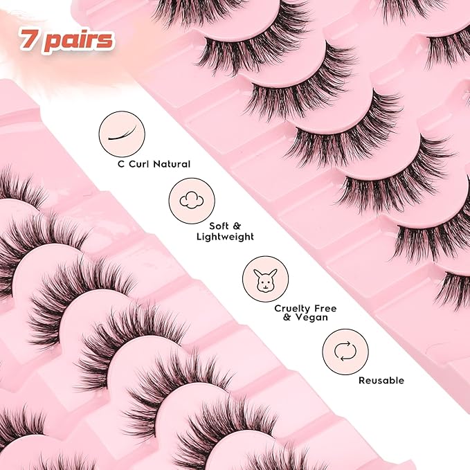 False Lashes Wispy Eyelashes Natural Look 15MM Fake Eyelashes 0.1MM Thin Band Strip Lashes Lightweight False Eyelash 3D Volume Fluffy Eye Lash C Curl Soft Siligli 7 Pair