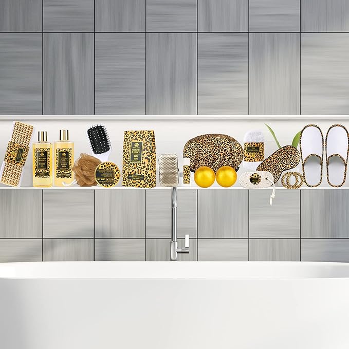 Bath Gift Set for Women, XXL 20 Pcs Skin Care Set Leopard, Slef Care Gifts Set , Mother's Day, Valentine, Birthday, Christmas, Home Spa Kits with Shower Gel, Body Lotion, Shower Cap, Manicure Set