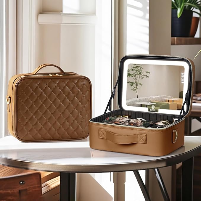 Makeup Case with LED Light Mirror,12 Inch Professional Portable Travel Cosmetic Organizer Bag with Adjustable Dividers, USB Charging, Large Capacity, Ideal for Travel, Gift for Women Girls