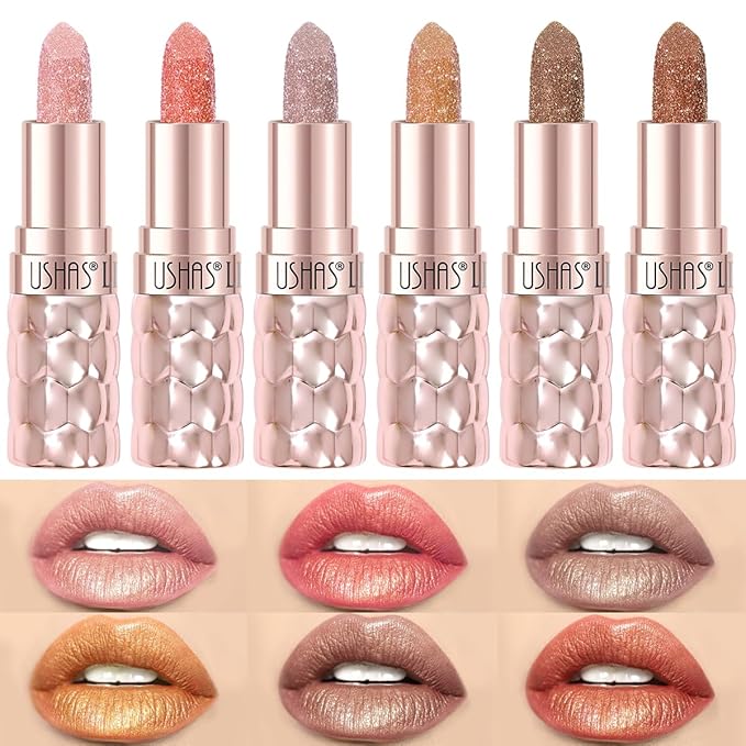 USHAS 6pc Diamond Shimmer Lipstick Set - Dark Red Pink Purple Mauve Glitter Sparkly Glossy Metallic Sparkle Waterproof Lipstick for Women (6 Count (07-12), Pack of 1)