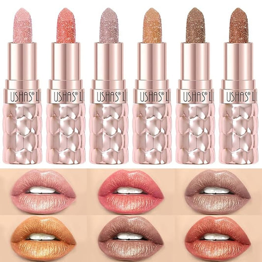 USHAS 6pc Diamond Shimmer Lipstick Set - Dark Red Pink Purple Mauve Glitter Sparkly Glossy Metallic Sparkle Waterproof Lipstick for Women (6 Count (07-12), Pack of 1)