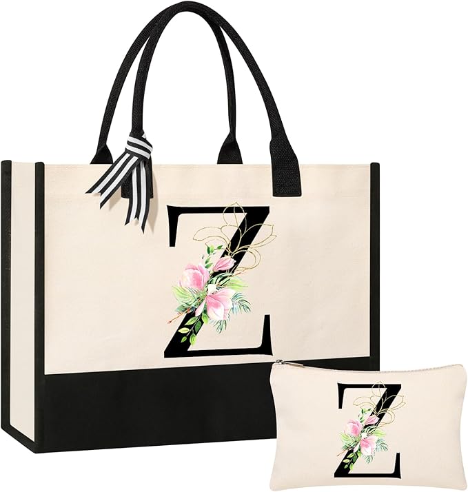 AYGE Personalized Initial Canvas Beach Tote, Monogrammed Gifts for Women, Makeup Bag, Birthday Gifts for Sister, Mom, Teacher, Bridesmaid (Z)