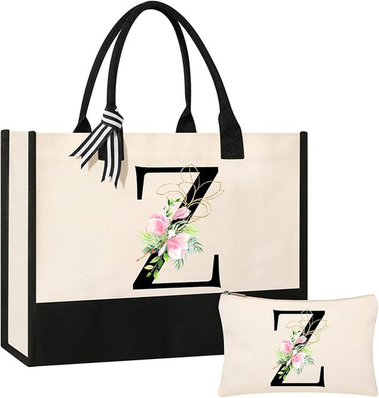 AYGE Personalized Initial Canvas Beach Tote, Monogrammed Gifts for Women, Makeup Bag, Birthday Gifts for Sister, Mom, Teacher, Bridesmaid (Z)