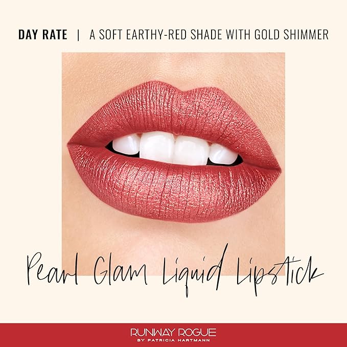 Runway Rogue Pearl Glam Long Wear Shimmer Liquid Lipstick, Metallic Soft Earthy-Red Lipstick with Gold Shimmer, ‘Day Rate’
