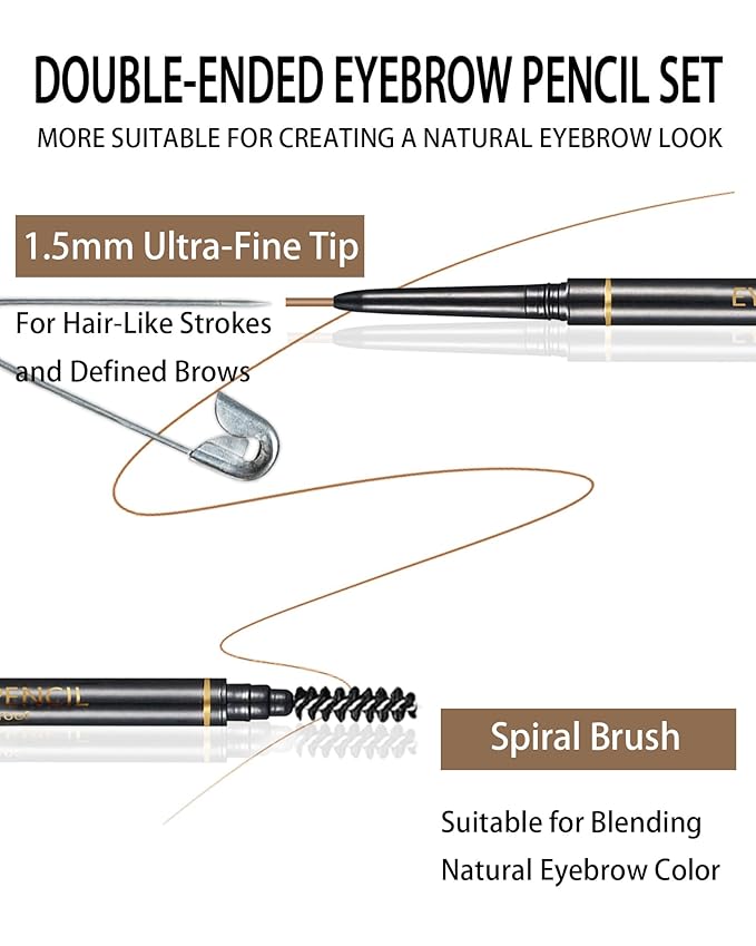 Medium Brown Eyebrow Pencils for Women, 12Pcs Ultra Slim Eyebrow Pencil with 2 Brow Razors Kit, Double Head 1.5mm Micro-Fine Tip & Spiral Brush, Can Draw Fine and Long-Lasting Brows Makeup