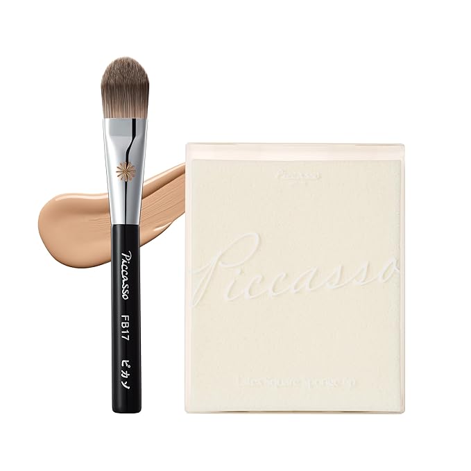 Piccasso Base Layering Set – FB17 Foundation Brush + 6P Latex Round Makeup Sponges, Professional Korean Beauty Tools for Flawless Base, Dewy & Matte Finish, Seamless Blending Kit
