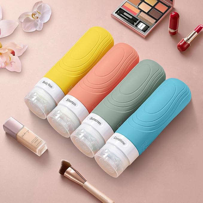 GLAMFIELDS TSA Approved Travel Bottles for Toiletries, 3oz Size Leak Proof Silicone Containers for Shampoo, Conditioner,Easy to Squeeze and Portable, Essentials for Traveling (4 Pack) Yellow